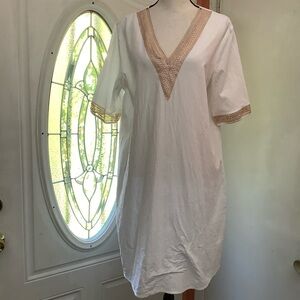 Noracora Women Size L Cotton Shift Dress Mid Sleeve Cream Embroidered  Lace Neck